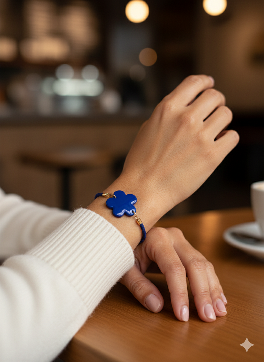 Pulsera flor azúl con cordón