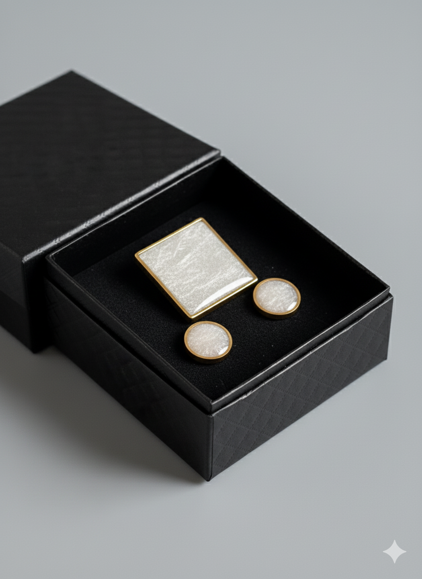 Conjunto anillo cuadrado y pendientes botón color perla