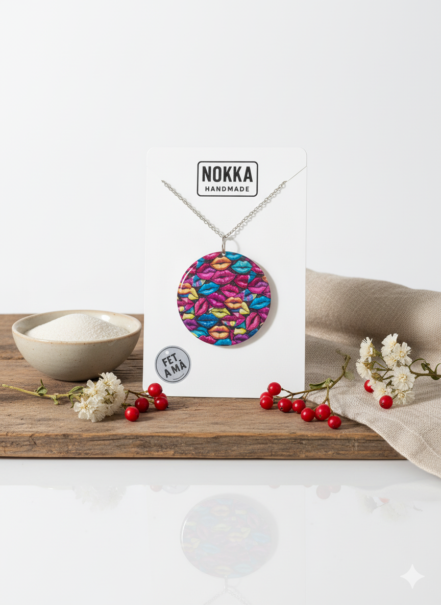 Colgante circular estampado labios