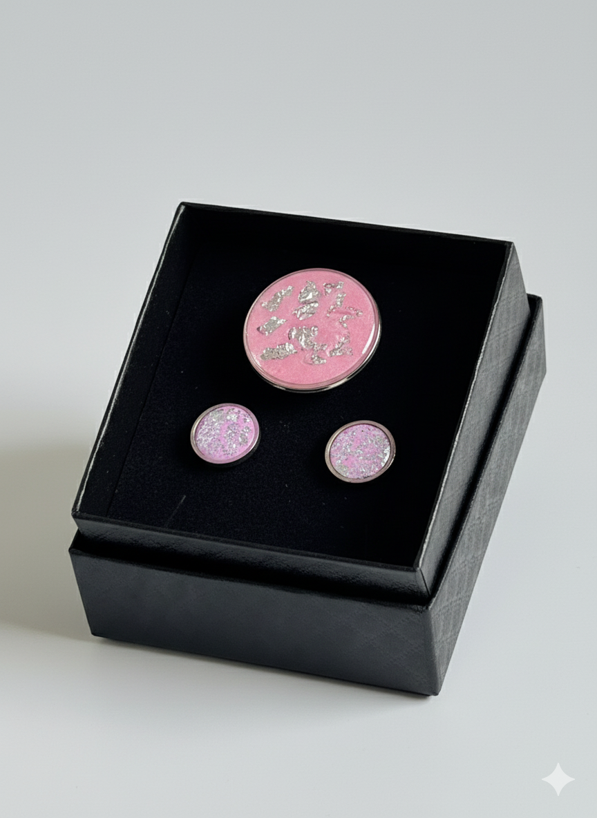 Conjunto anillo circular y pendientes rosa y plata