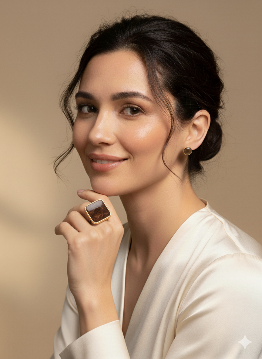 Conjunto Anillo cuadrado y pendientes marrón chocolate