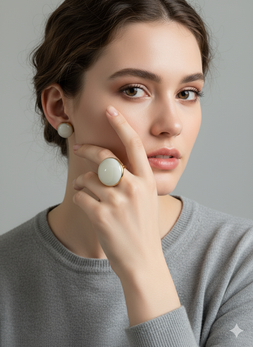 Conjunto anillo circular y pendientes blanco perla