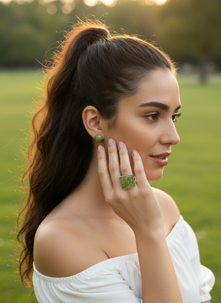 Conjunto anillo cuadrado y pendientes botón color verde