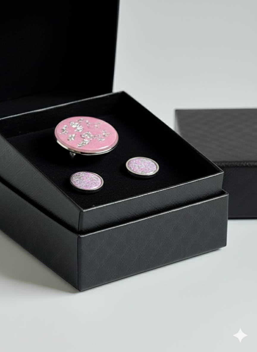 Conjunto anillo circular y pendientes rosa y plata