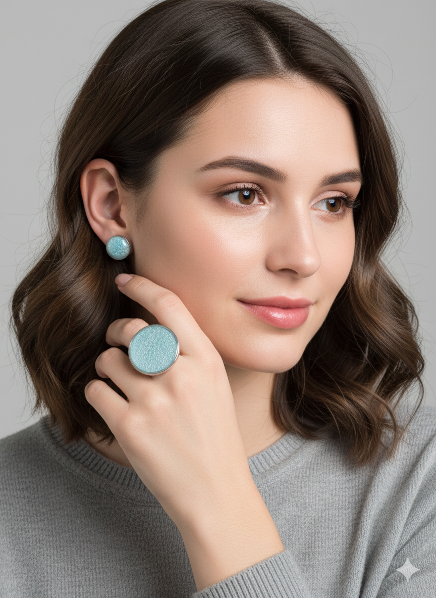 Conjunto anillo circular y pendientes botón azul celeste