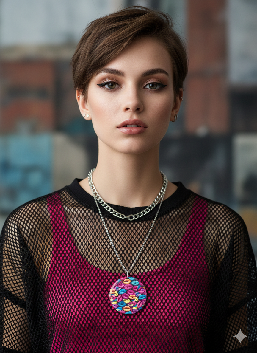 Colgante circular estampado labios