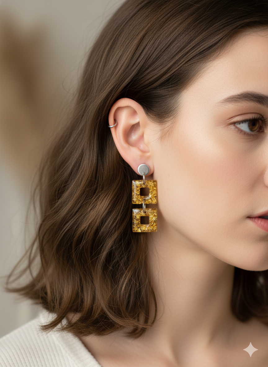 Pendientes dobles cuadrados oro