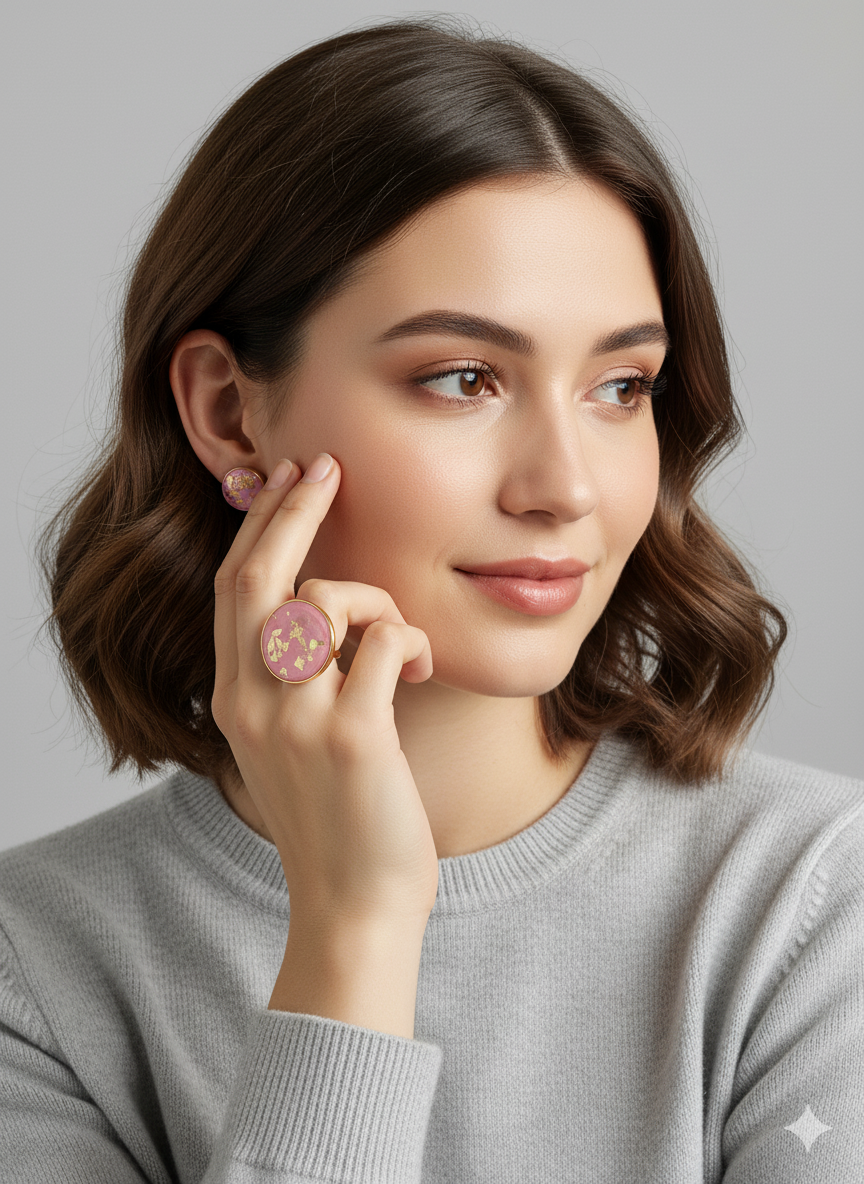 Conjunto anillo circular y pendientes rosa y plata