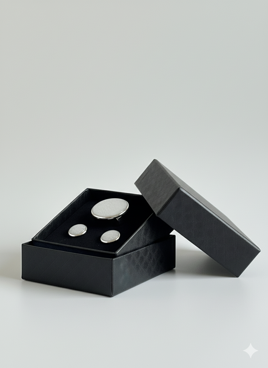 Conjunto anillo circular y pendientes botón color perla