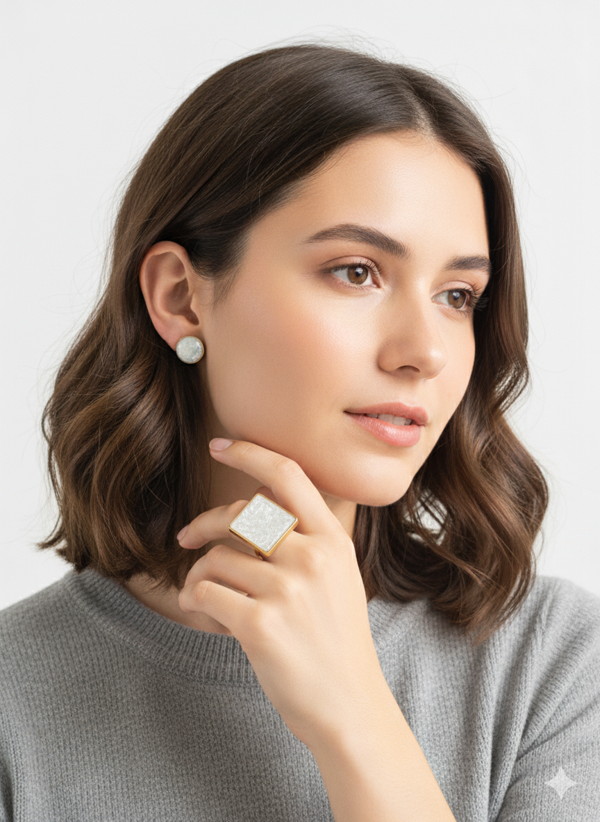 Conjunto anillo cuadrado y pendientes botón color perla