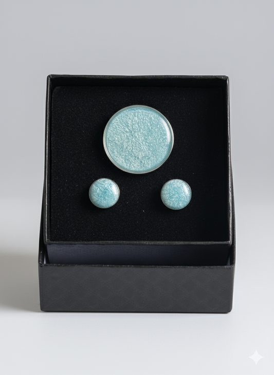 Conjunto anillo circular y pendientes botón azul celeste