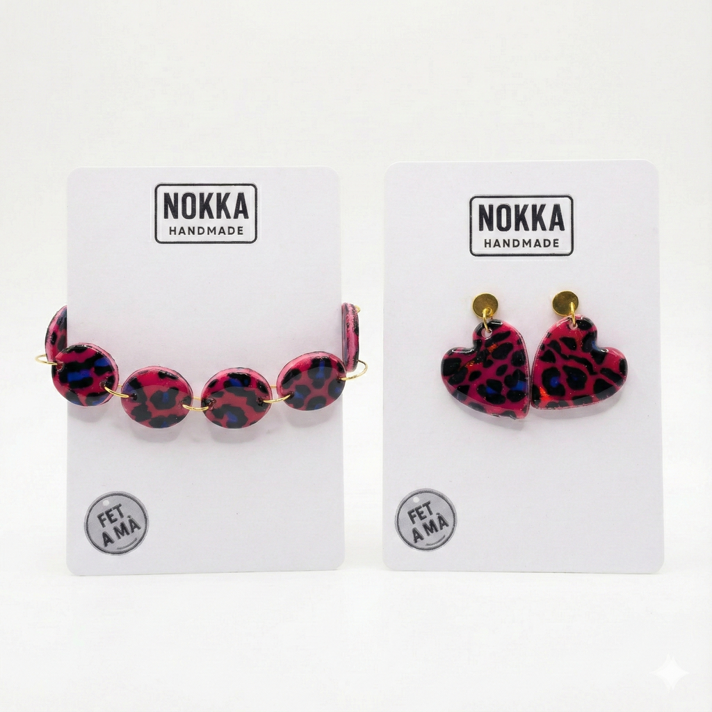 Conjunto pulsera y pendientes corazon animal print de arcilla polimerica