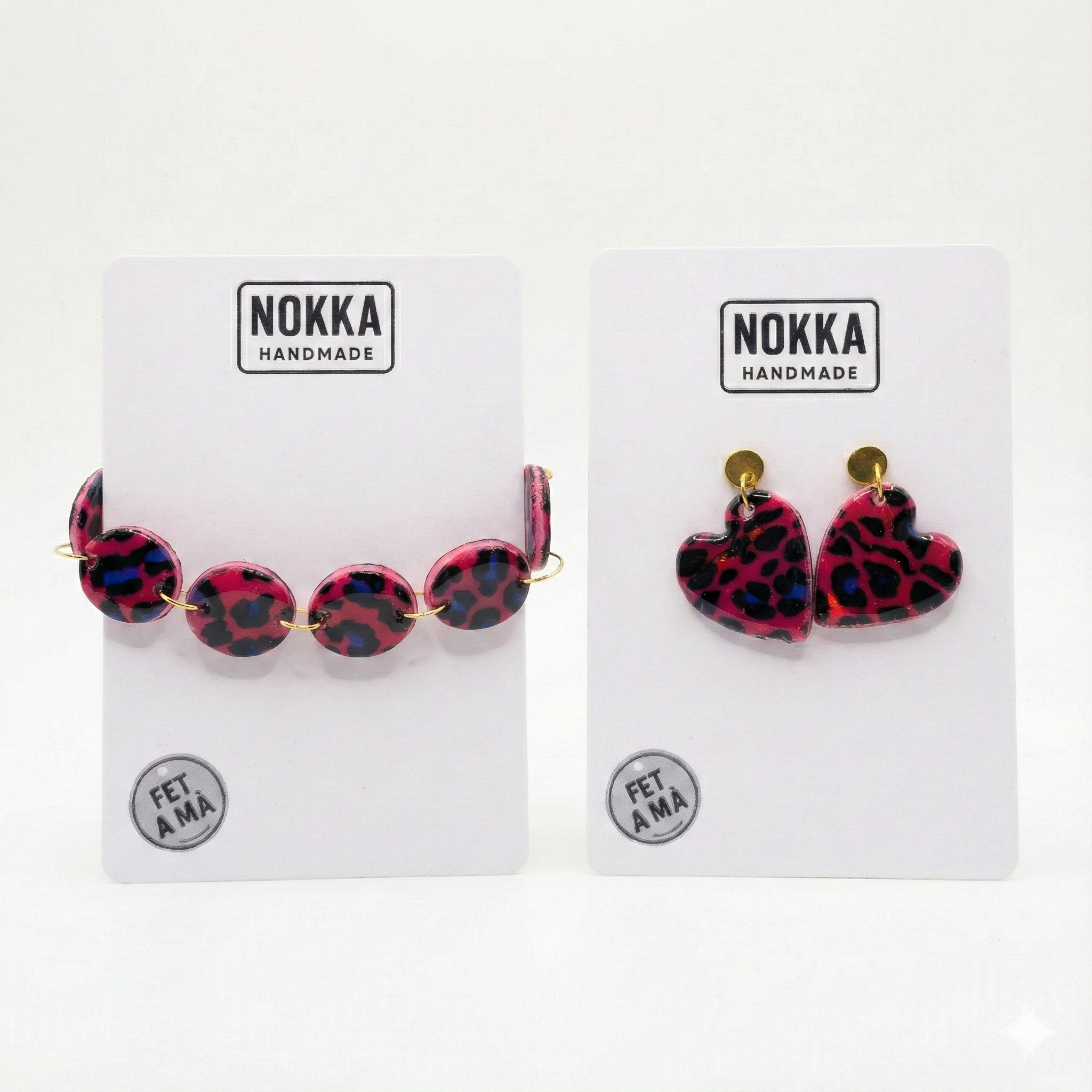 Conjunto pulsera y pendientes corazon animal print de arcilla polimerica