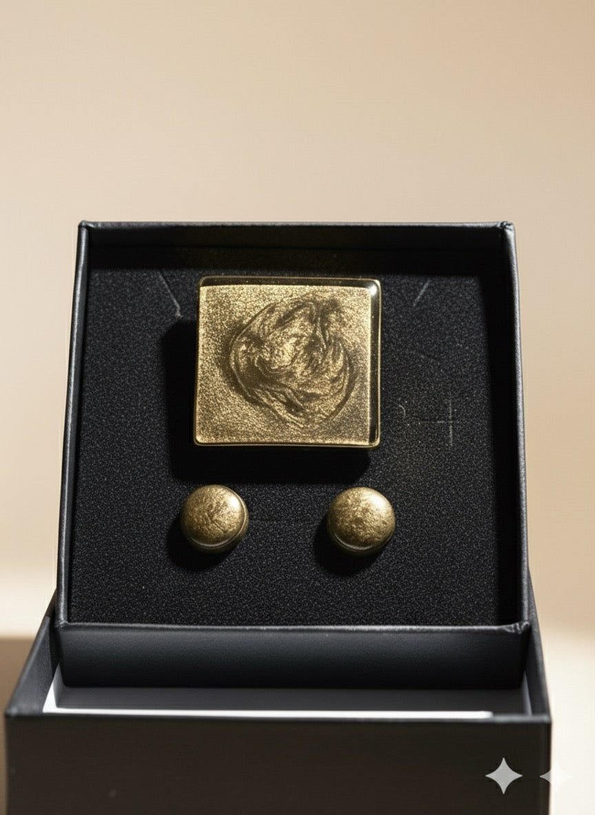 Conjunto Anillo cuadrado y pendientes marrón chocolate